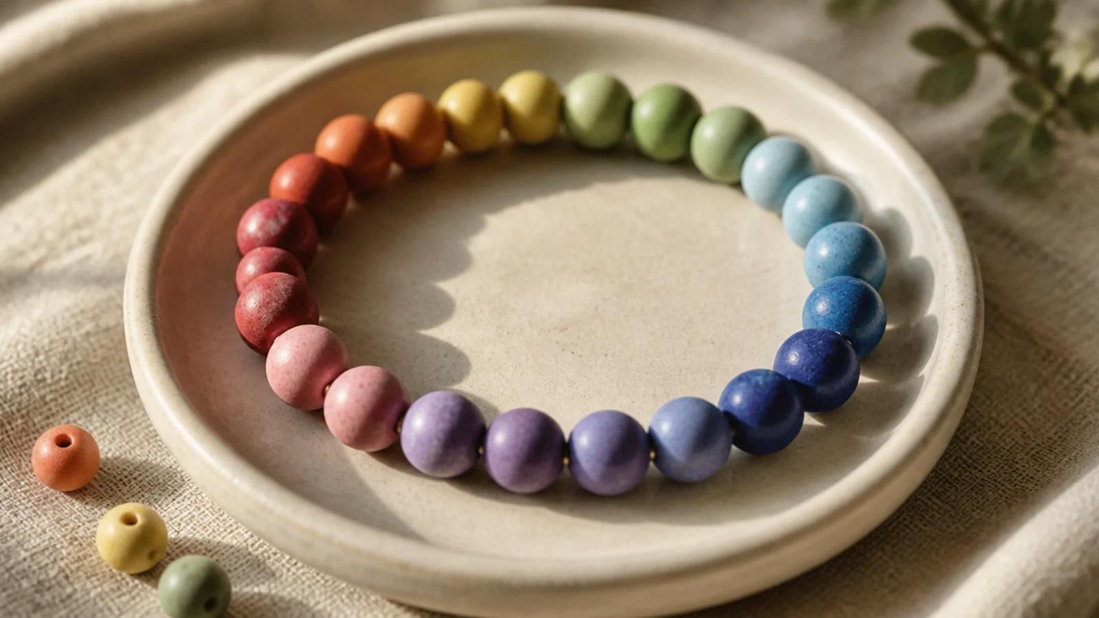 A clay bead bracelet with beads strung in simple rainbow color order around the band.