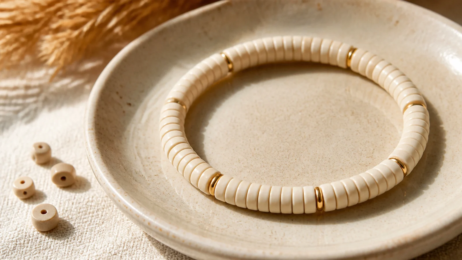 A cream clay bead bracelet with a small gold spacer bead placed every few discs.