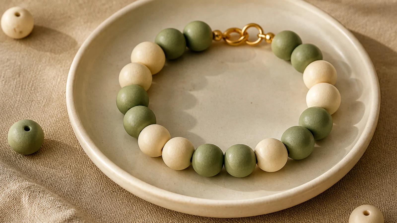 A clay bead bracelet in a repeating pattern of two sage then two cream beads.