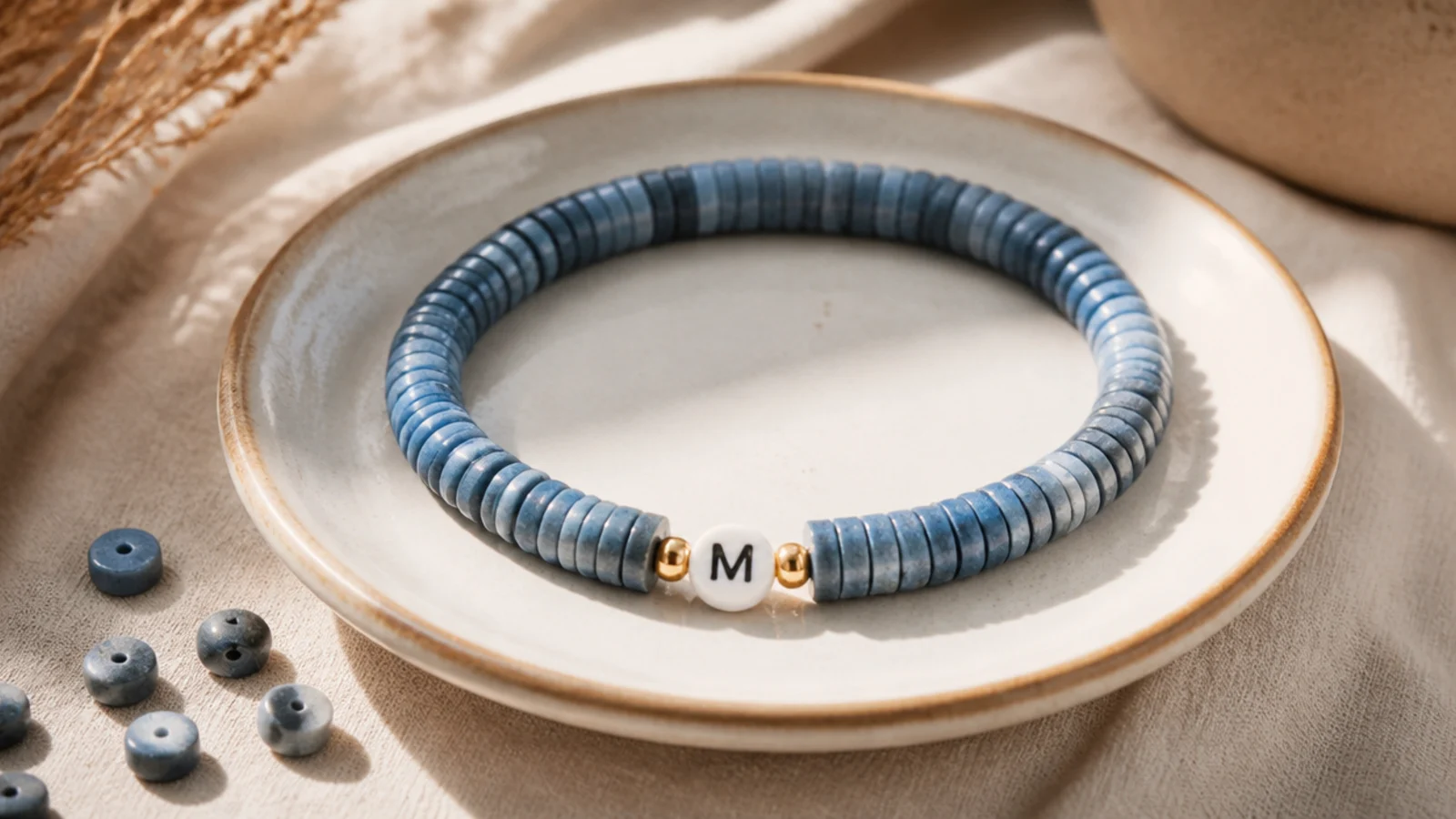 A dusty blue clay bead bracelet with one white letter bead showing an initial at the front.
