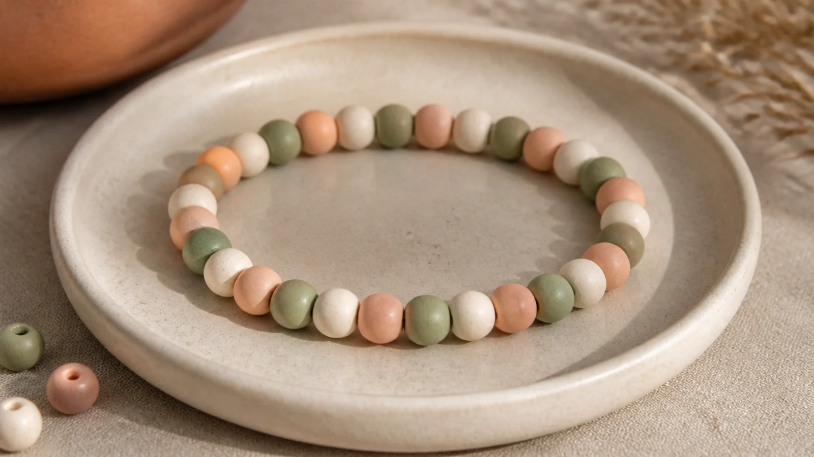 A clay bead bracelet repeating one blush, one cream, and one sage bead around the band.