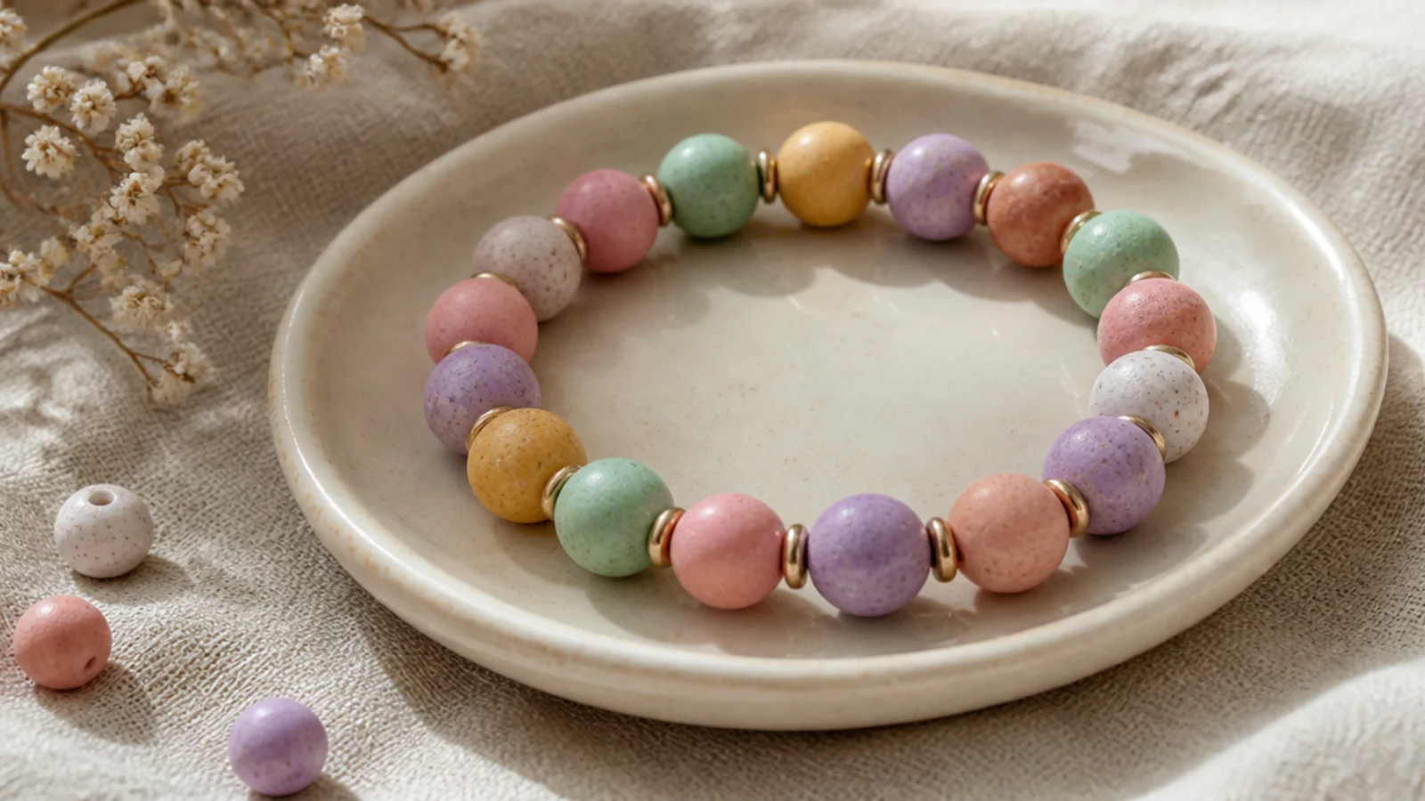A clay bead bracelet in a soft random mix of pastel colors like blush, mint, and lilac.