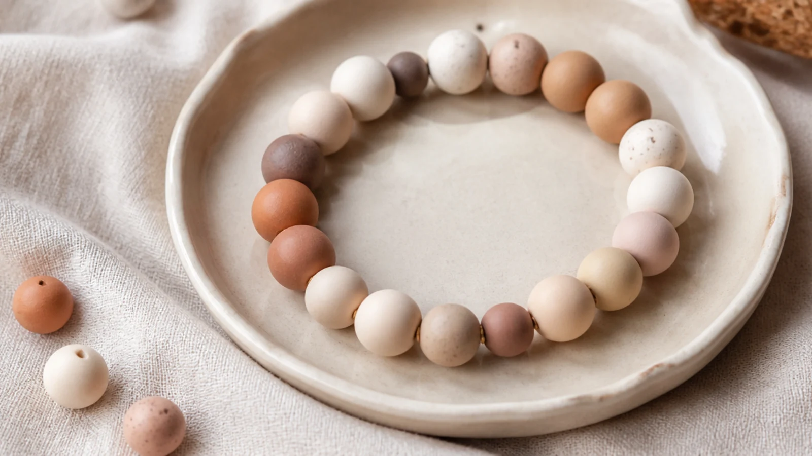 A clay bead bracelet blending soft sand, cream, and taupe beads in a gentle neutral mix.