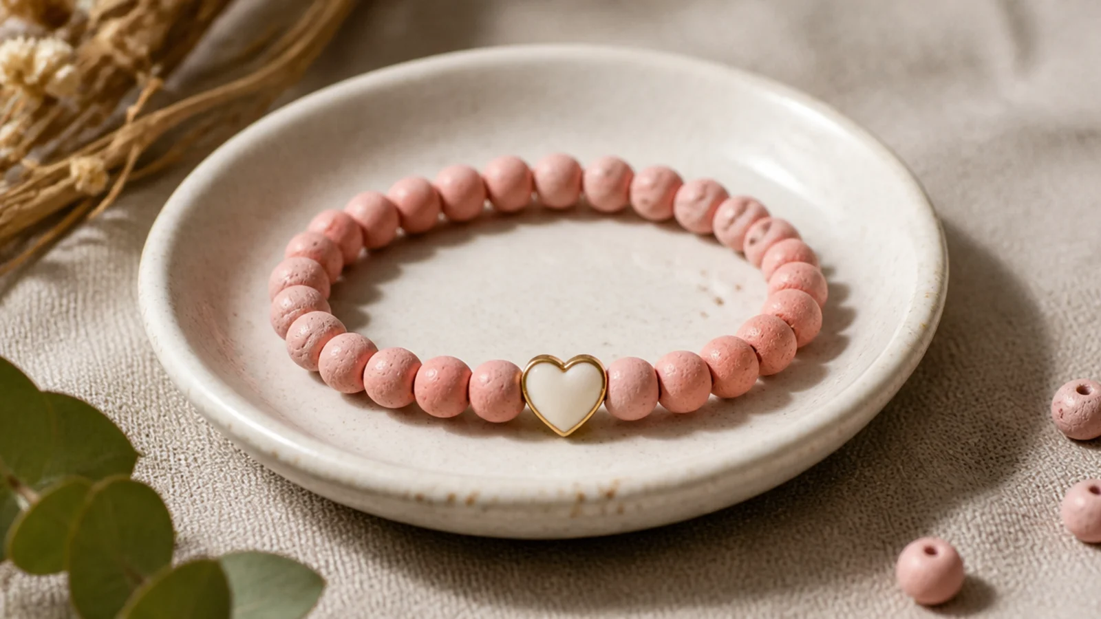 A blush-pink clay bead bracelet with one small enamel heart bead centered on the front.