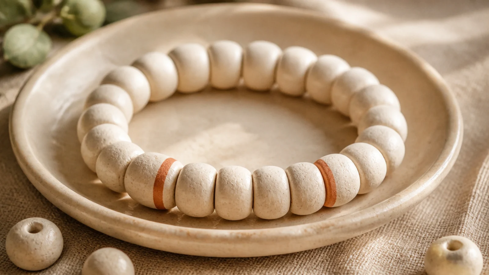 A cream clay bead bracelet with two thin terracotta stripes evenly spaced around the band.