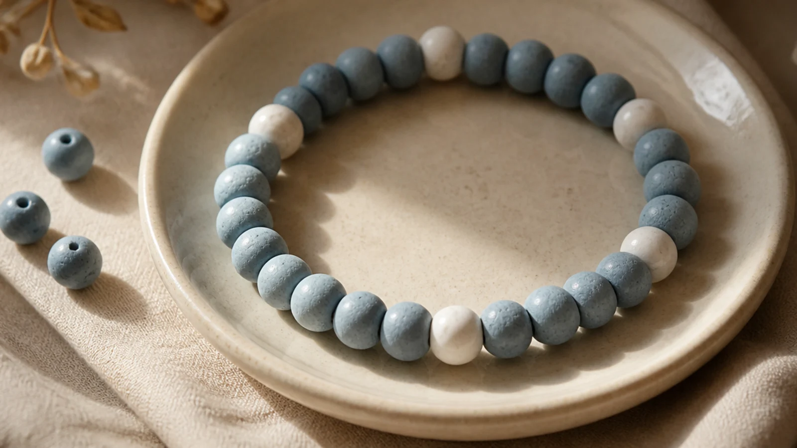 A dusty blue clay bead bracelet with single white accent beads spaced evenly like dots.