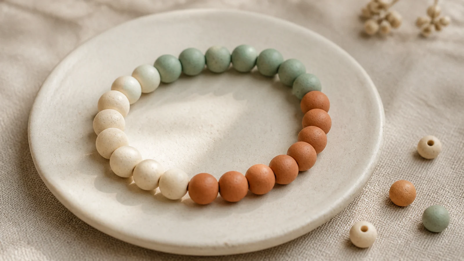 A clay bead bracelet in three equal blocks of cream, sage, and terracotta.