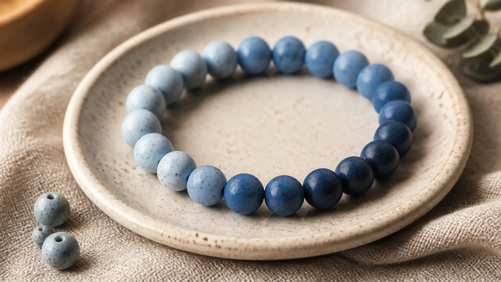 A clay bead bracelet fading from pale to medium to deep blue in three simple bands.