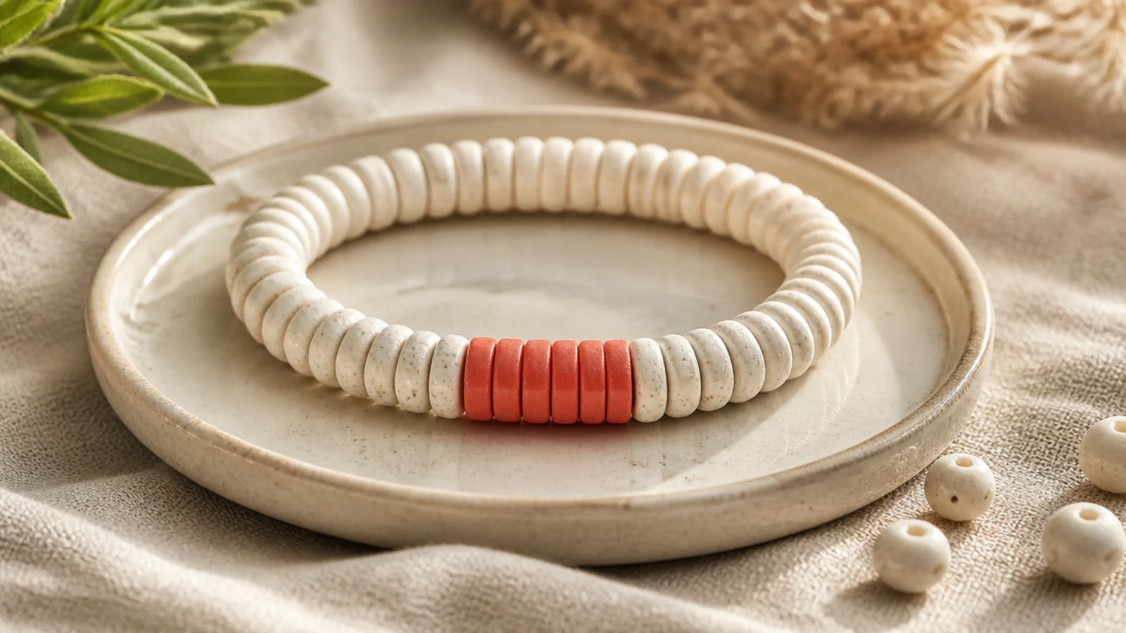 A white clay bead bracelet with a single bright coral color block centered on the front.