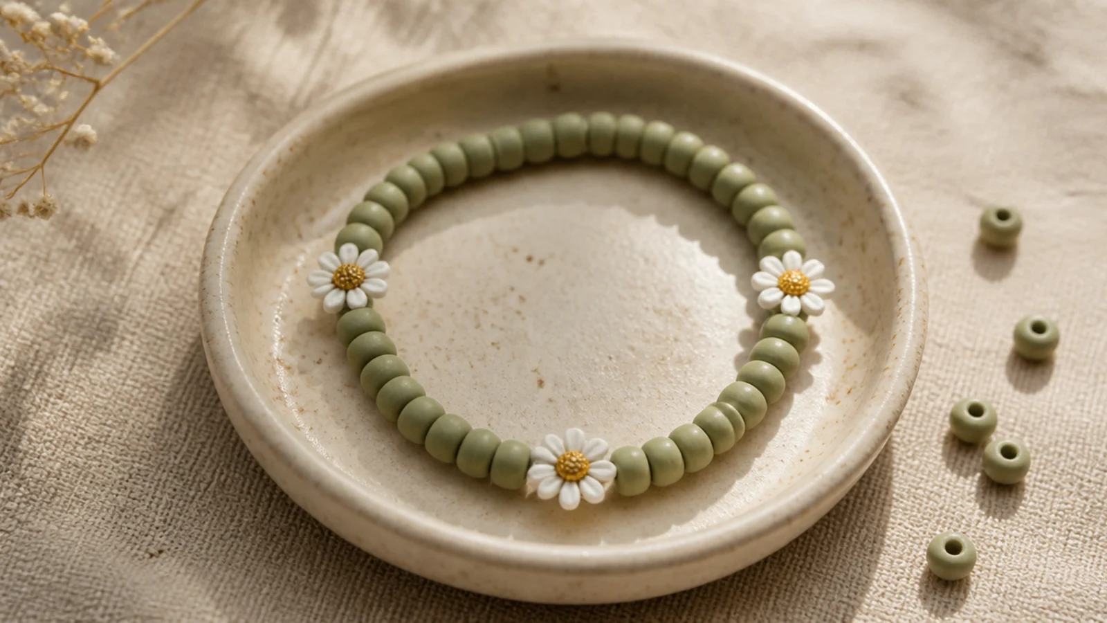A sage clay bead bracelet with three small white daisy flower beads spaced around it.