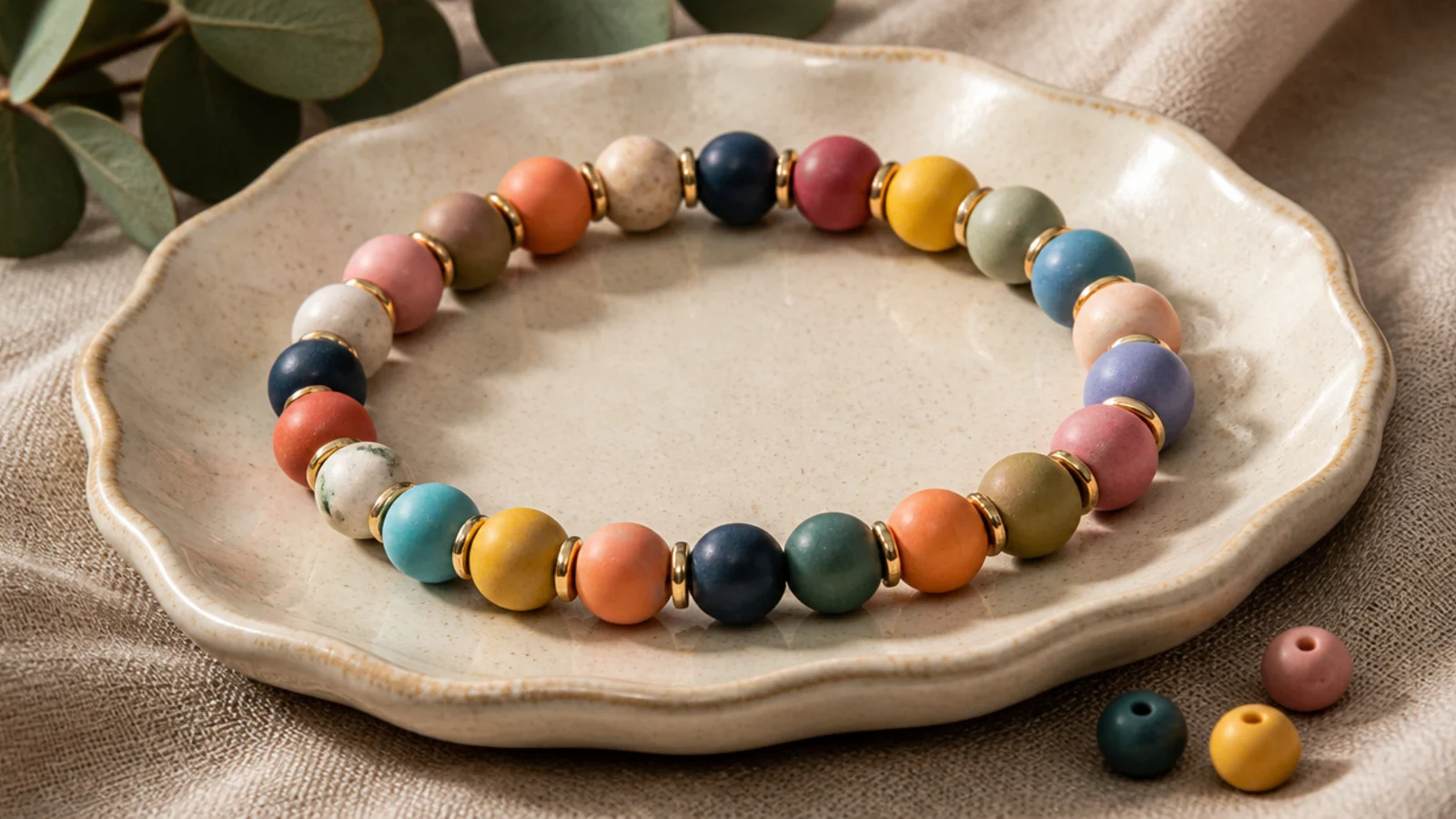 A clay bead bracelet in a happy multicolor confetti mix with no two same colors touching.