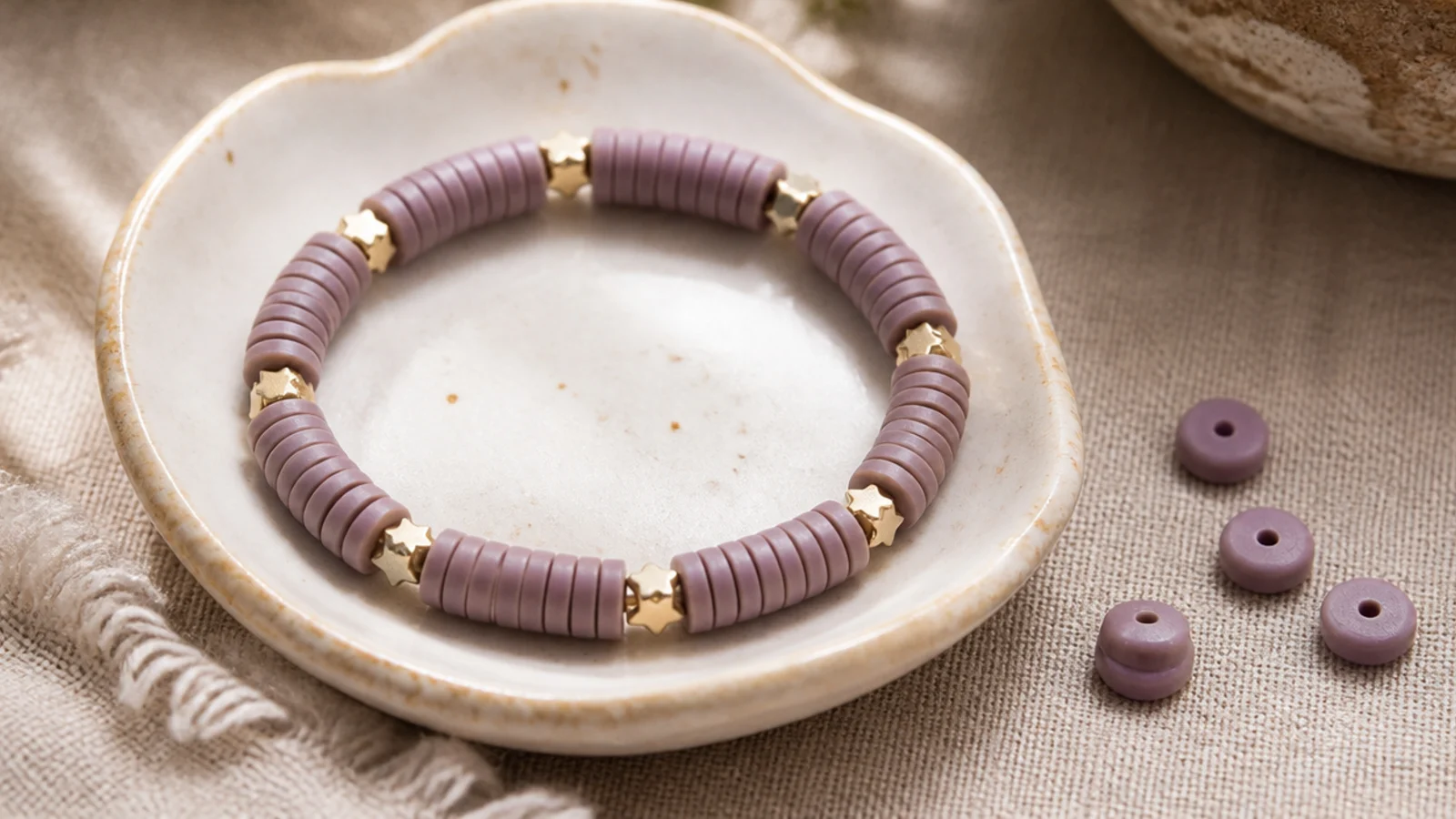 A dusty-lilac clay bead bracelet with tiny gold star beads sprinkled between the discs.