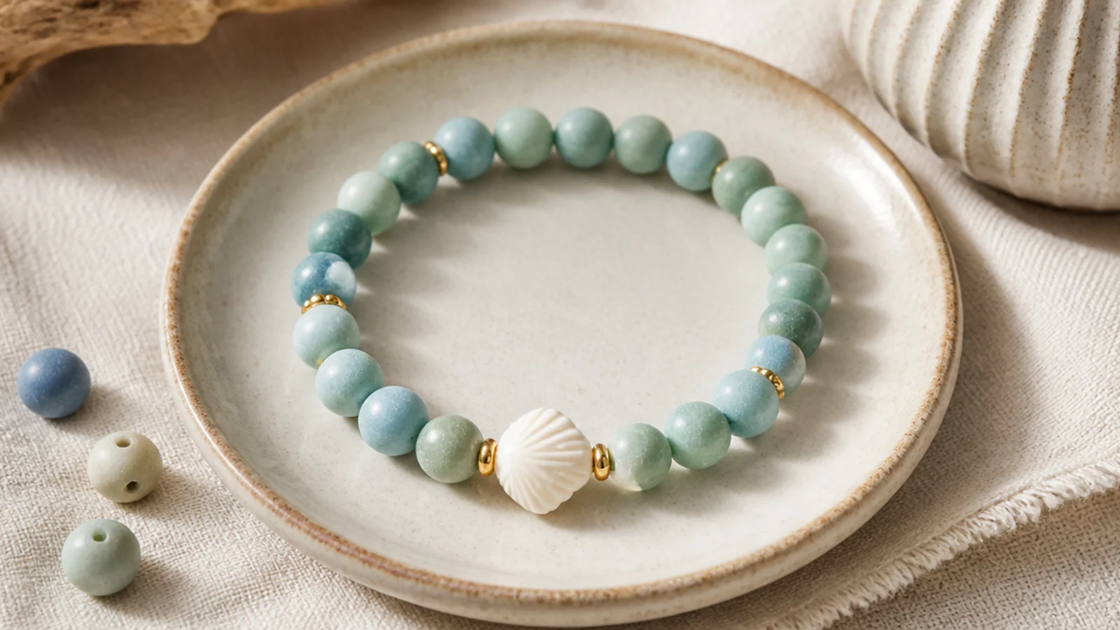 A clay bead bracelet blending seafoam, aqua, and pale blue beads with a single white shell bead.