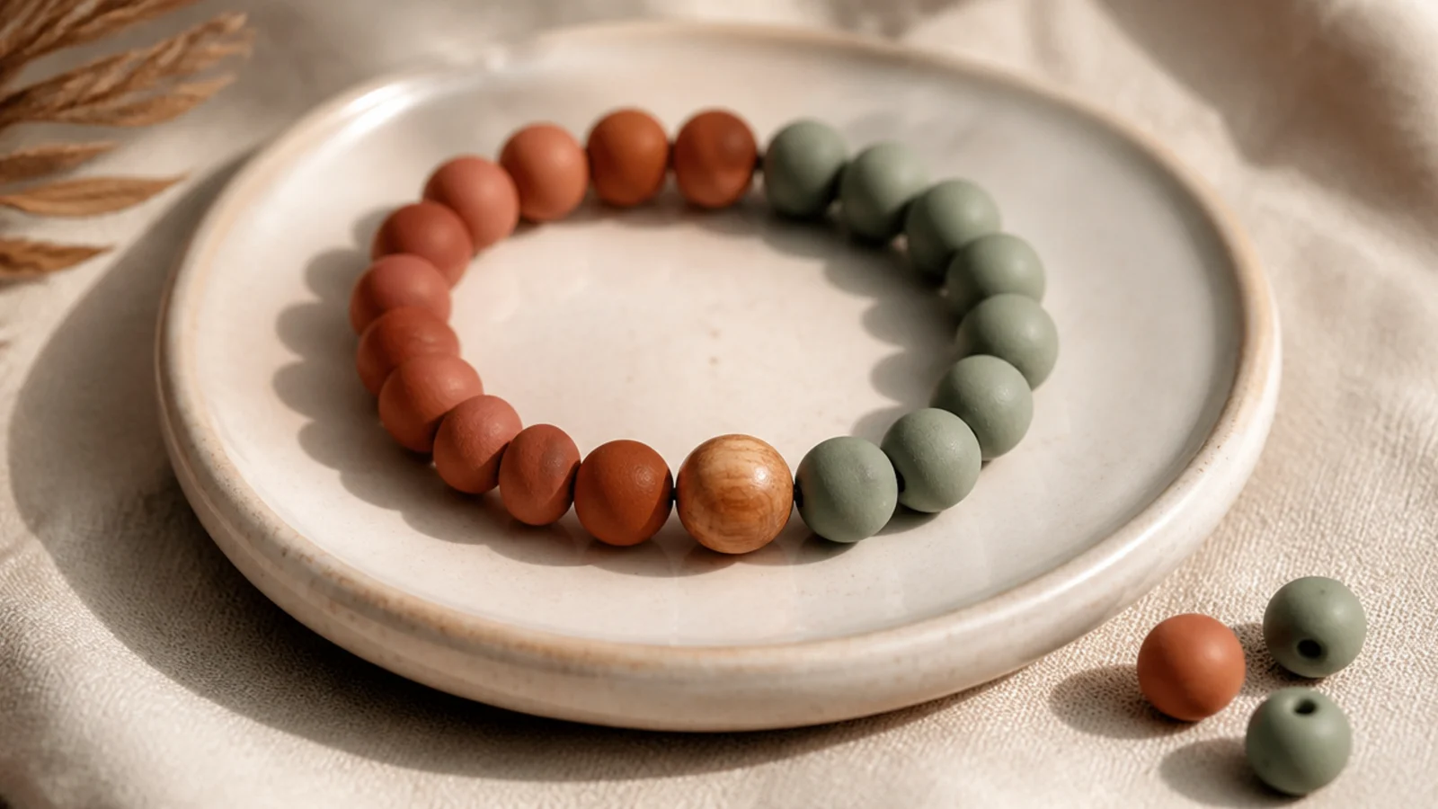 A clay bead bracelet in warm brown and sage with a single natural round wooden bead accent.