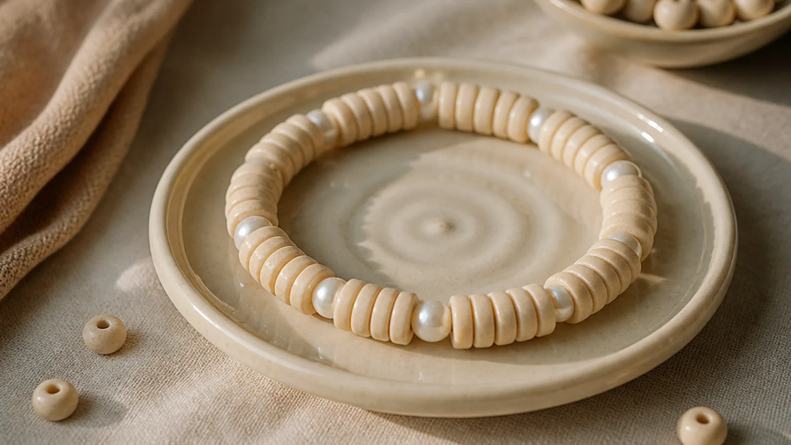 A cream clay bead bracelet with a few small round pearls spaced evenly among the discs.