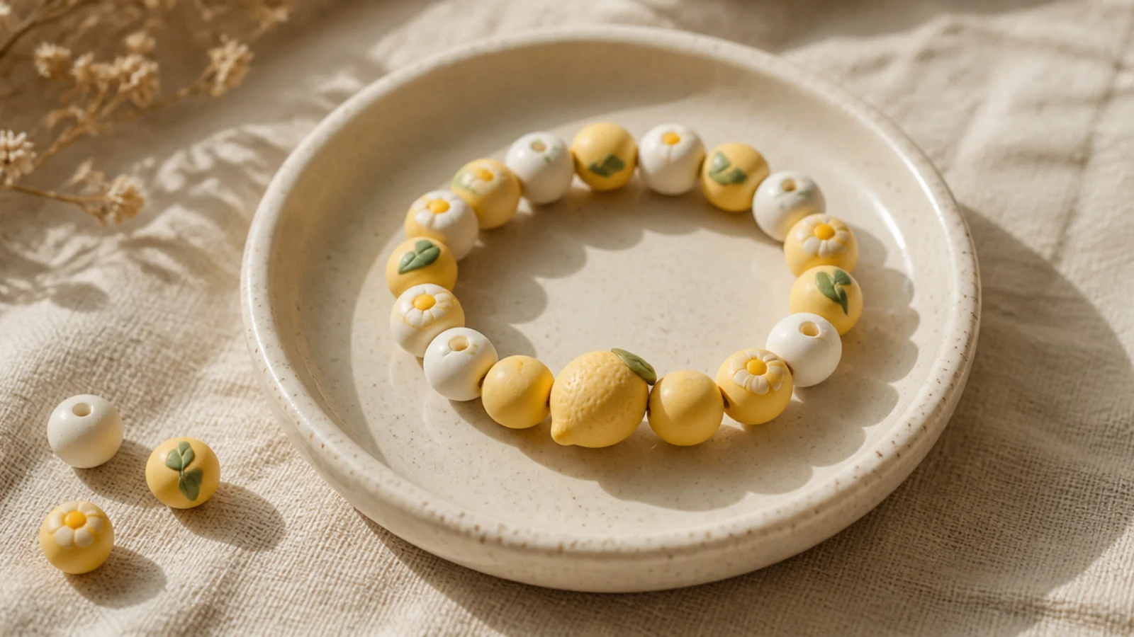 A clay bead bracelet in yellow and white with a single lemon fruit bead as the focal.