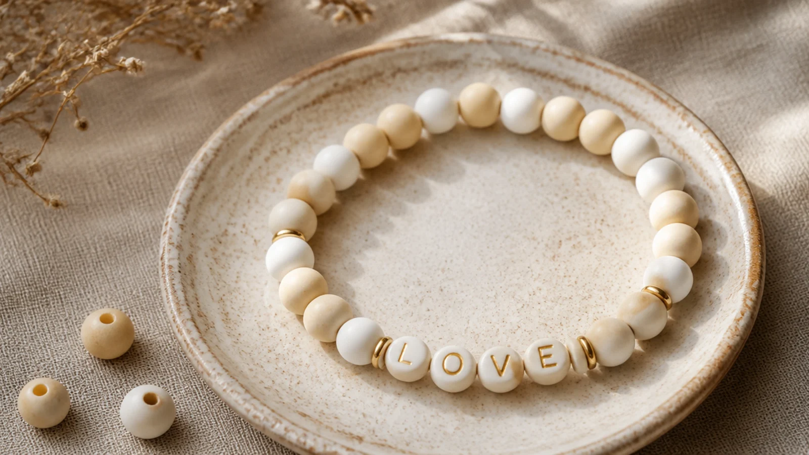 A cream clay bead bracelet spelling a short word like LOVE in white letter beads.