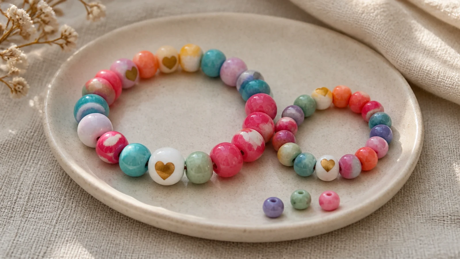 A small child-sized clay bead bracelet in bright colors shown next to a larger matching one.