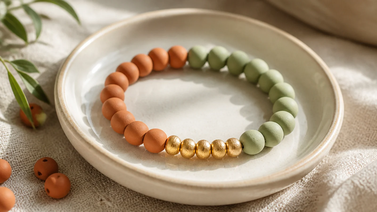 A clay bead bracelet split into two soft colors with a cluster of gold beads at the center front.