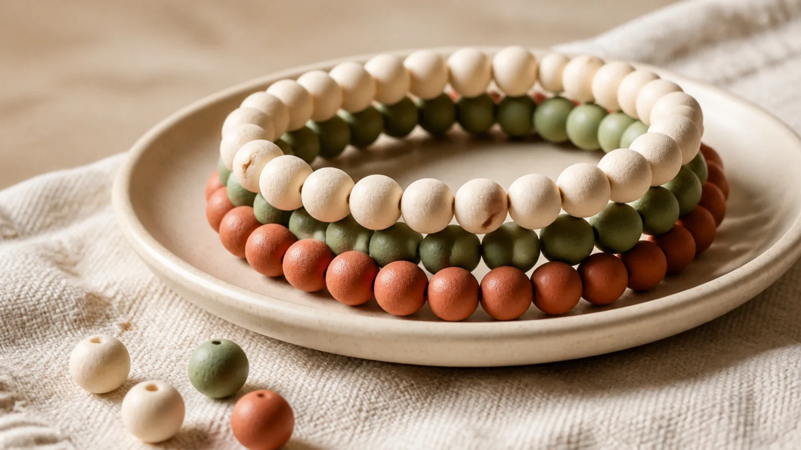 Three solid-color clay bead bracelets in cream, sage, and terracotta shown stacked together.
