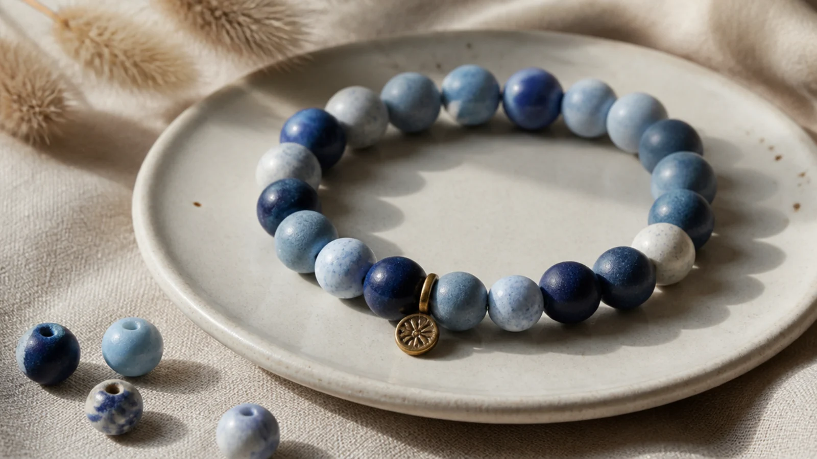 A clay bead bracelet mixing several shades of blue from pale to deep in a random blend.