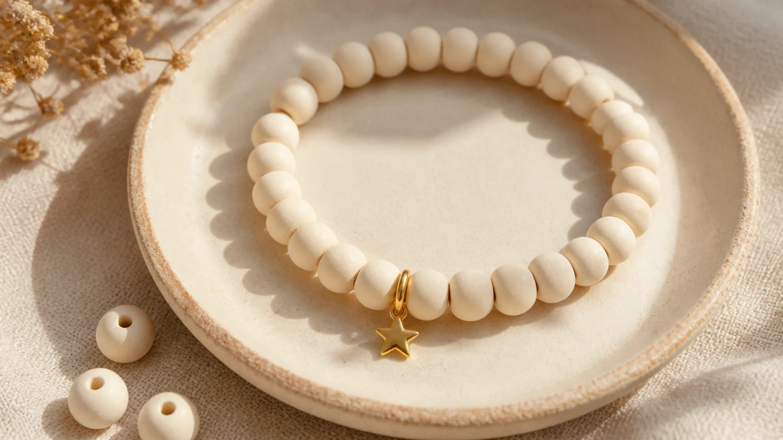 A cream clay bead bracelet with a single small gold star charm dangling from one bead.