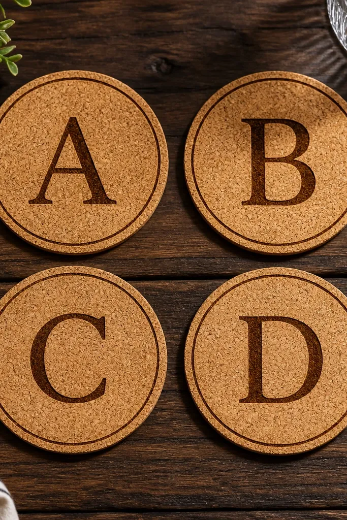 Four round cork coasters arranged in a grid on a dark wood table. Each coaster has a different single-letter monogram burned into the cork in a dark brown tone, with clean, crisp edges and a slightly glossy finish where the heat marks are.