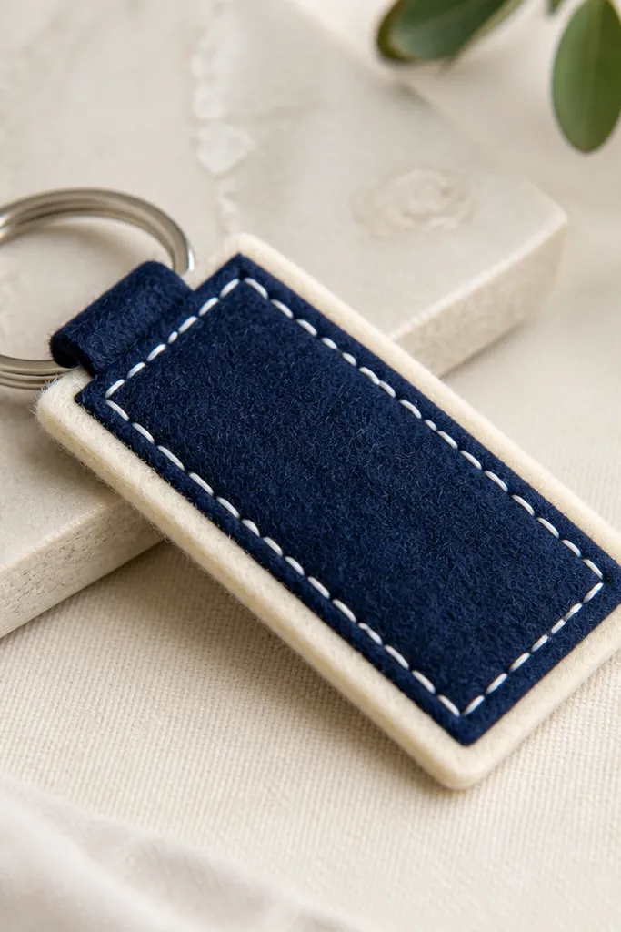 A small felt key fob attached to a metal keyring. The fob is rectangular, deep navy with a cream border, and it has faux stitching lines drawn in white thread-like marker across the front.