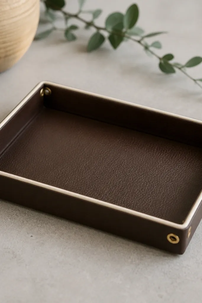 A shallow rectangular tray covered in dark brown leatherette. The corners have small punched holes with brass eyelets, and the edges are neatly folded under a thin cream binding strip.