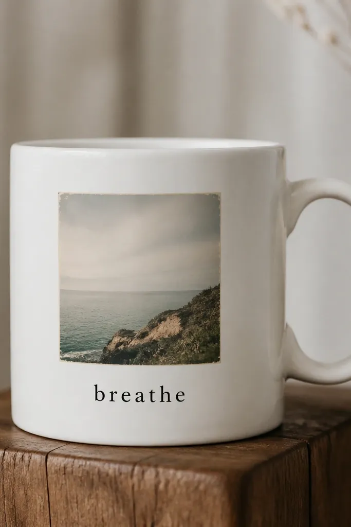 A white ceramic mug with a small square photo on the front and a single black word underneath. The photo edges look slightly vintage and the ink sits flat, not raised.