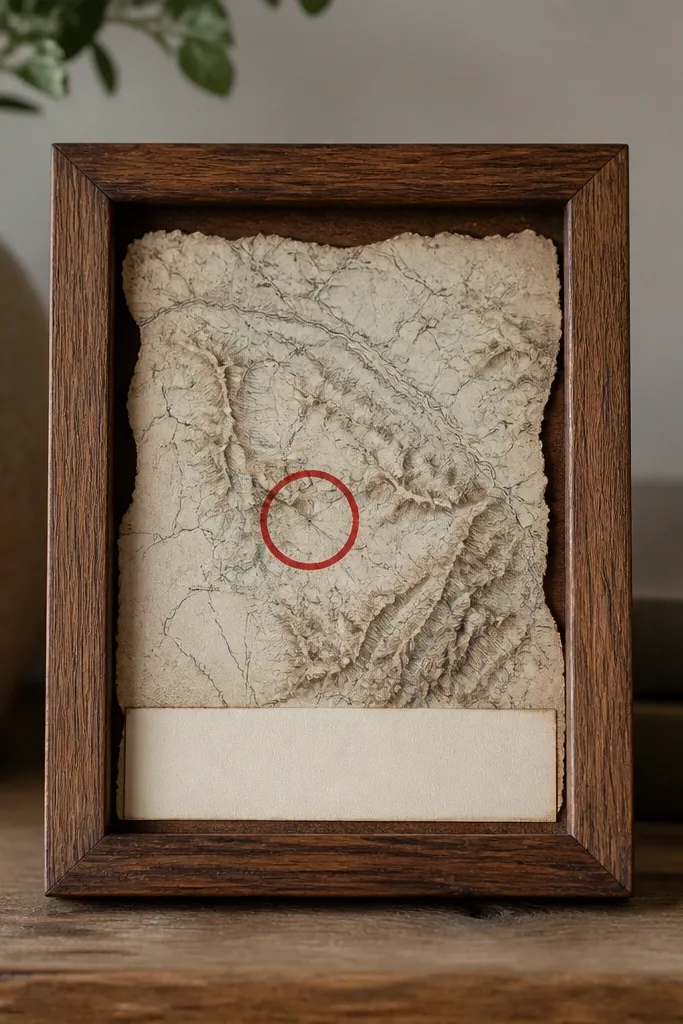 A small wooden picture frame filled with a torn vintage map page. The map has a hand-drawn red circle around a location and a clean cream label strip at the bottom.