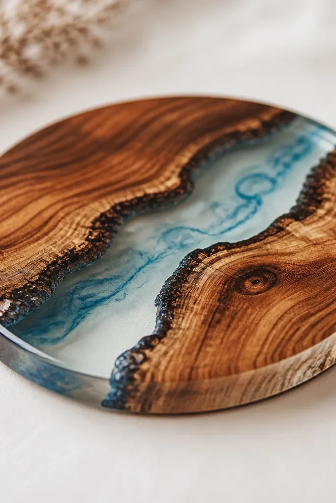 A round wood slice coaster on a light background. One side has a clear epoxy resin 'river' with tiny blue tint swirls inside, and the wood grain is sealed and glossy.