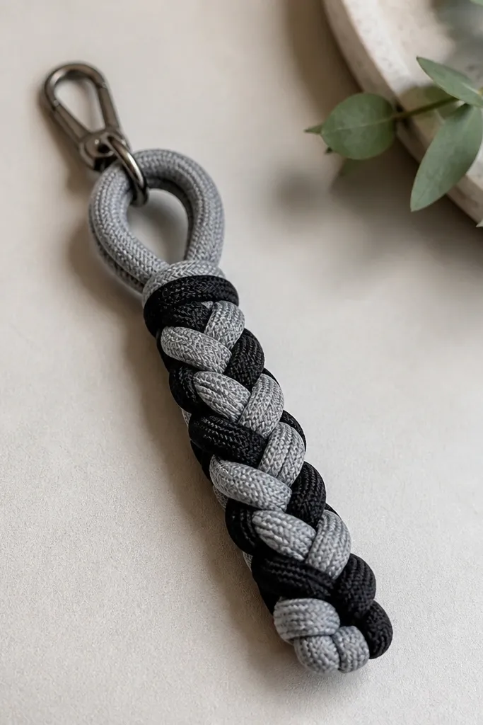 A braided keychain made from thick t-shirt yarn strands in heather gray and black. It has a loop at the top and a small metal clasp, with tight braids and clean ends.