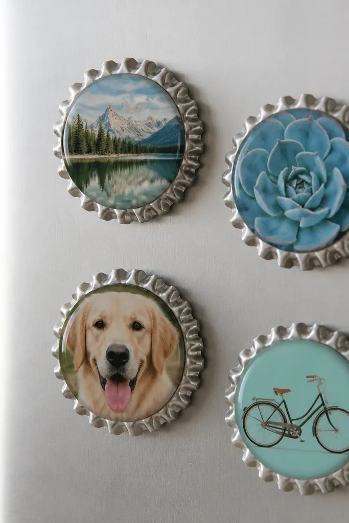 A set of four bottle cap magnets on a fridge. Each cap has a different printed photo or graphic sealed under clear resin, with shiny silver rims and small round magnets on the back.