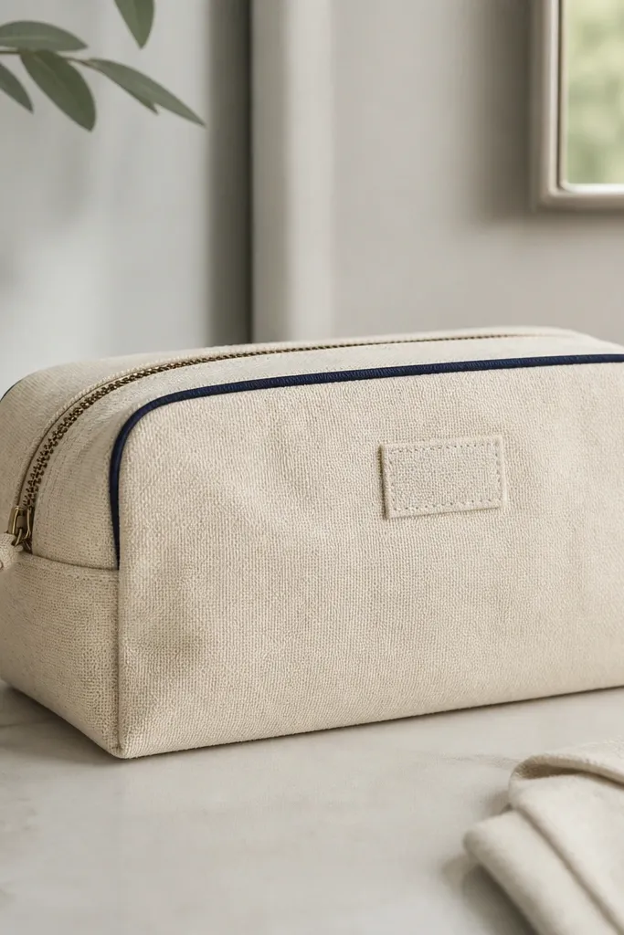 A small canvas wash bag in natural beige with dark navy piping along the top seam. The bag has a zipper and crisp boxed corners, with a simple stitched label on the front.