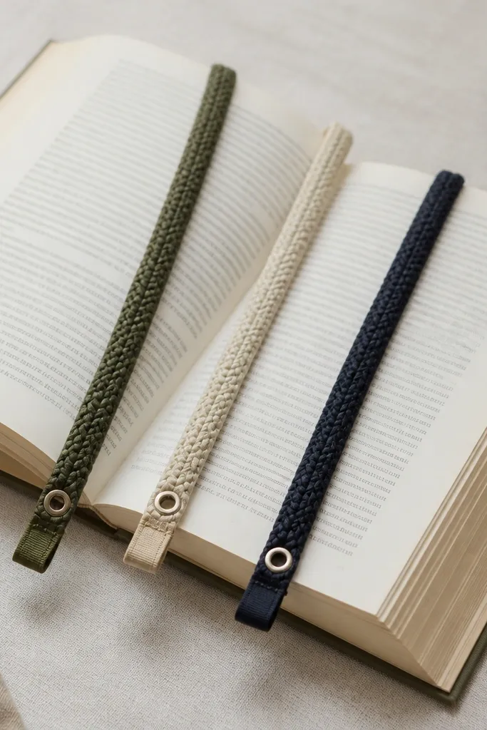 Three long bookmarks made from braided shoe laces, each ending with a small metal eyelet and a stitched loop. They are laid across a book with pages open, showing the lace ends neatly trimmed.