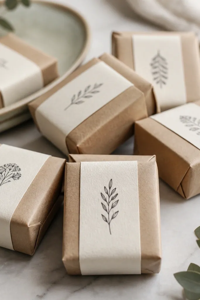 A set of small soap bars wrapped in brown paper. Each soap has a neat label strip with black ink and a slightly pressed, letterpress-like texture, plus a simple line drawing icon.