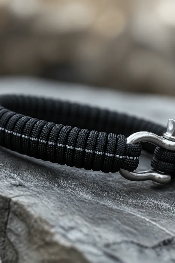 A black paracord bracelet wrapped in tight coils. Along one edge there is a thin reflective thread line, and a small metal buckle clasp sits at the end.