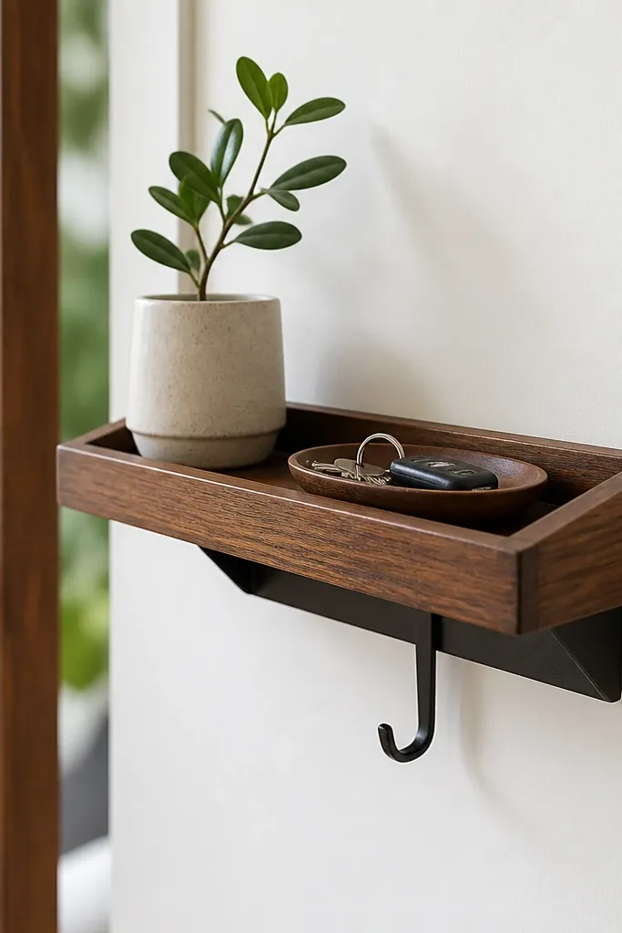 A small floating-style wall shelf made from stained wood. It has a lip to catch keys and a small hook underneath, with a dark bracket and a clean finish.