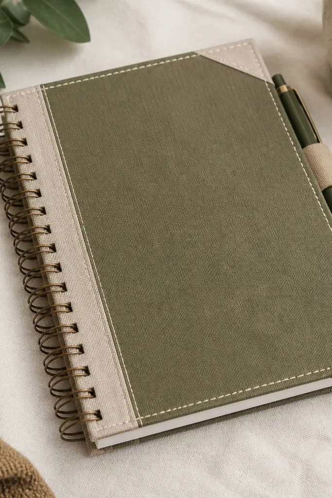 A spiral notebook covered with a fabric wrap on the spine and corners. The cover is muted olive with a stitched cream border, and a small fabric tab holds a pen.