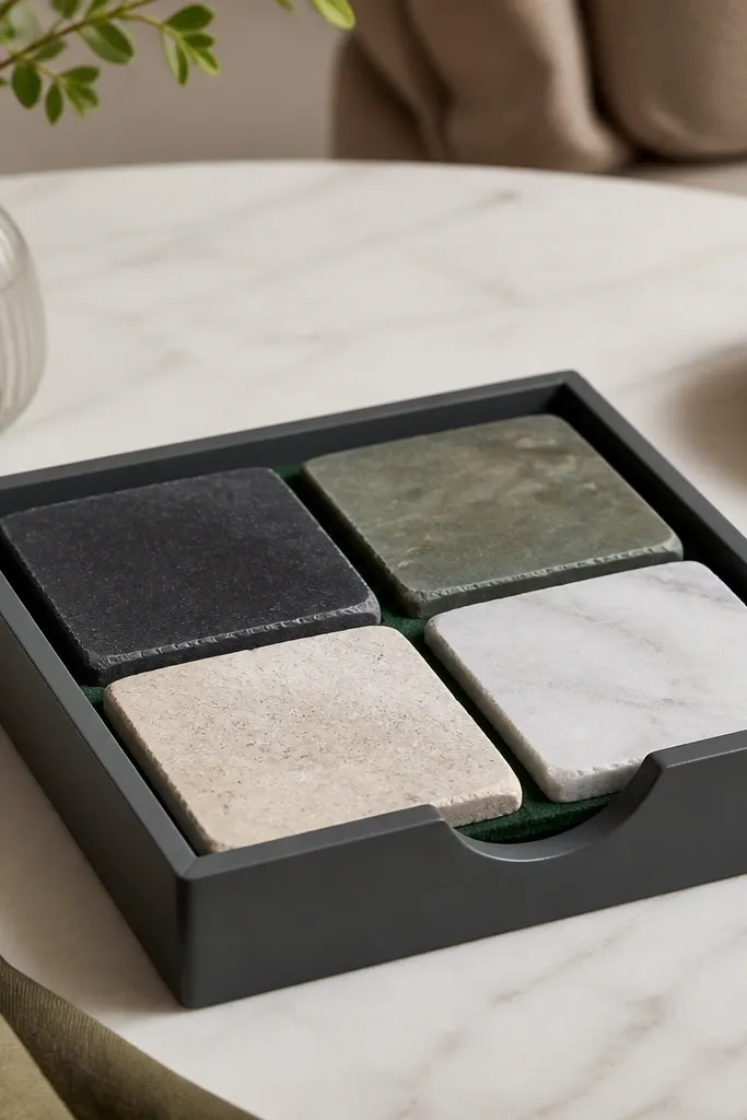 A small rectangular tray holding four square coasters. The tray is painted dark gray with a custom printed label on the front, and the bottom is lined with dark green felt.