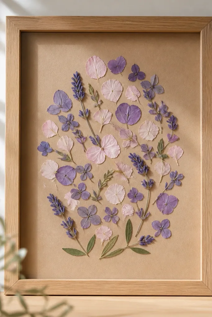 A wooden 11x14 frame with kraft brown paper backing. Inside are pressed lavender and pale pink petals arranged in a loose oval, with a few green leaf fragments near the bottom. The petals look crisp and slightly translucent under soft light.