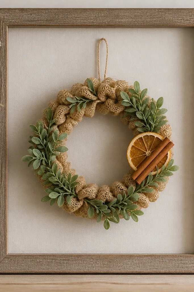 A small round wreath made from burlap and faux greenery sits inside a rectangular frame. The wreath has a thin twine hanger at the top and a cinnamon-stick and dried orange slice tucked near the right side.