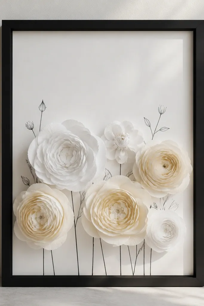 A matte black 11x14 frame with white foam board backing. Several large paper ranunculus-style flowers in shades of white and cream sit along the bottom half, with thin black stems sketched in behind them.