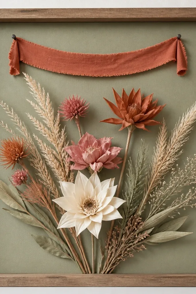 A 12x12 frame with sage-green backing paper. Faux desert flowers in terracotta, dusty rose, and cream are arranged in a loose fan pattern. A small strip of terracotta fabric forms a banner at the top.
