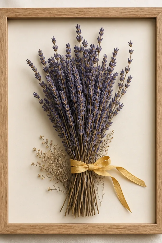 A 9x12 frame with off-white backing. A bundle of dried lavender is arranged vertically, with a small yellow ribbon bow tied off to the side. Tiny dried sprigs fill small gaps near the bottom.