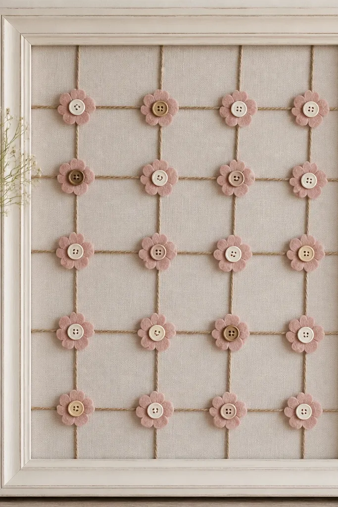 A cream-colored 8x10 frame with a grid of thin twine lines across the backing. Handmade flower centers made from small vintage buttons sit at intersections, with tiny felt petals in muted pink around them.
