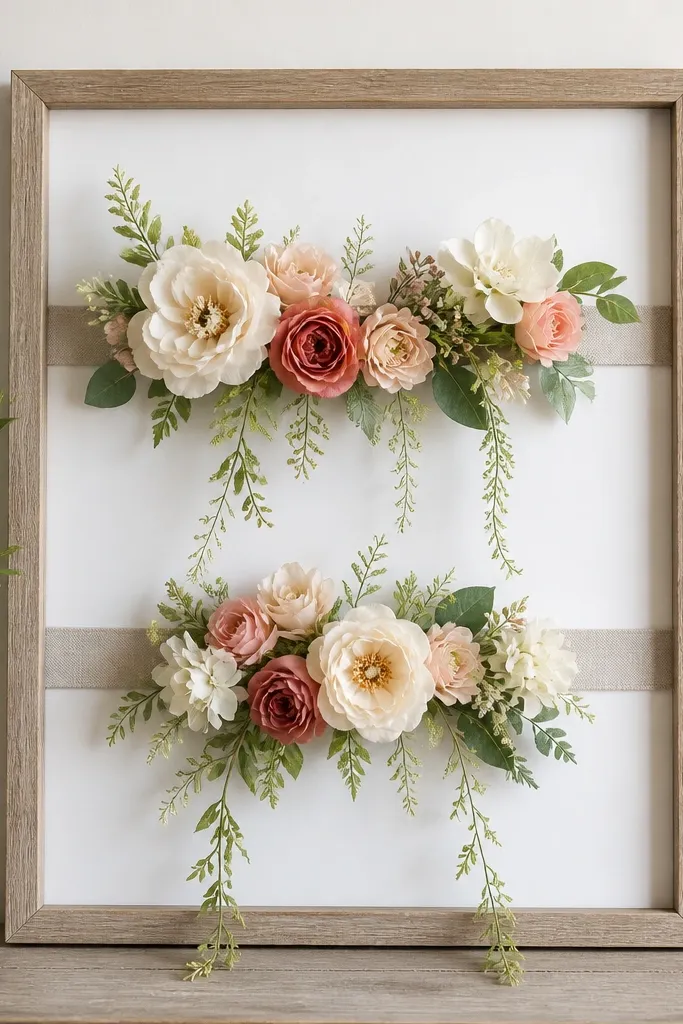 A 11x14 frame with white backing and two horizontal fabric ribbons. Faux flowers are clustered on the ribbons like a banner, with a few trailing green strands hanging over the bottom edge.