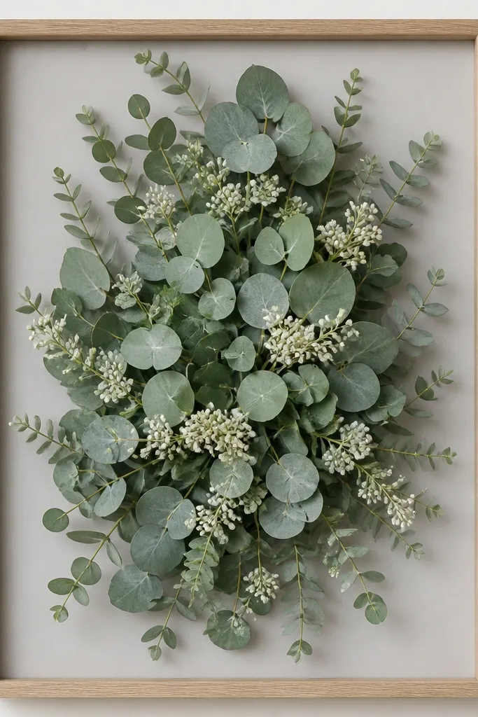 A 10x12 frame with light gray backing. Most of the arrangement is faux eucalyptus greenery, with small white buds scattered like clusters. The stems overlap and create a soft oval shape.