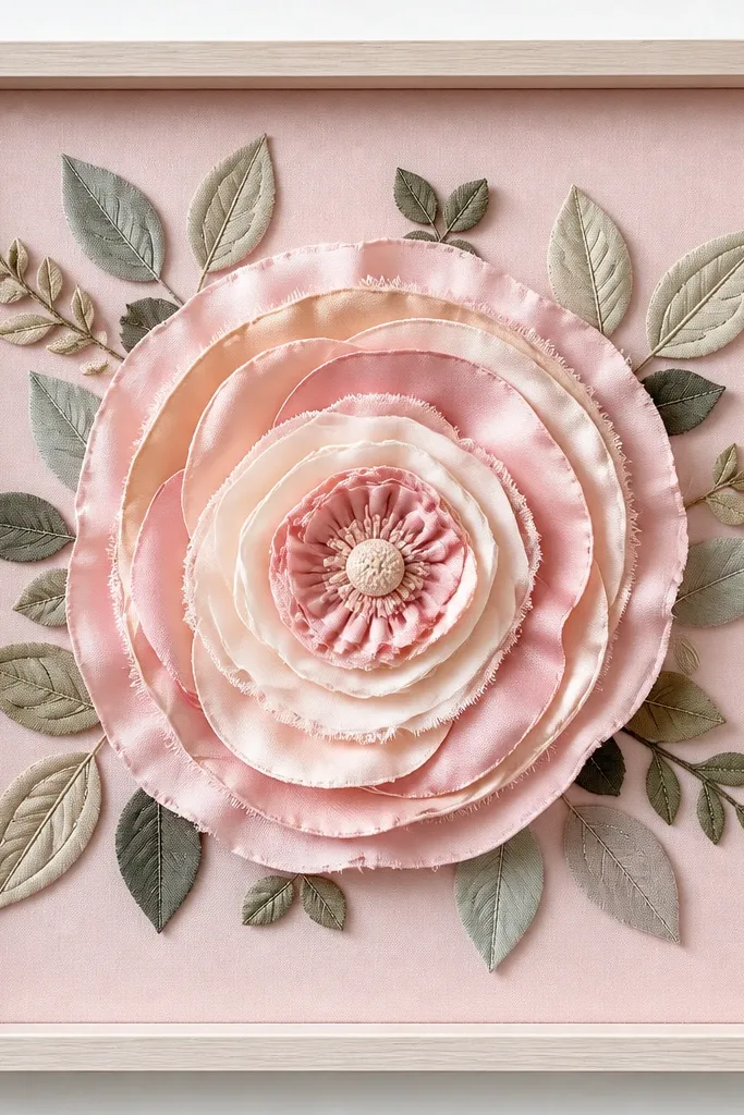 A 12x12 frame with blush pink backing. A large fabric medallion flower sits in the center made from layered circles in satin, chiffon, and cotton. Small fabric leaves sit around the medallion like a wreath.